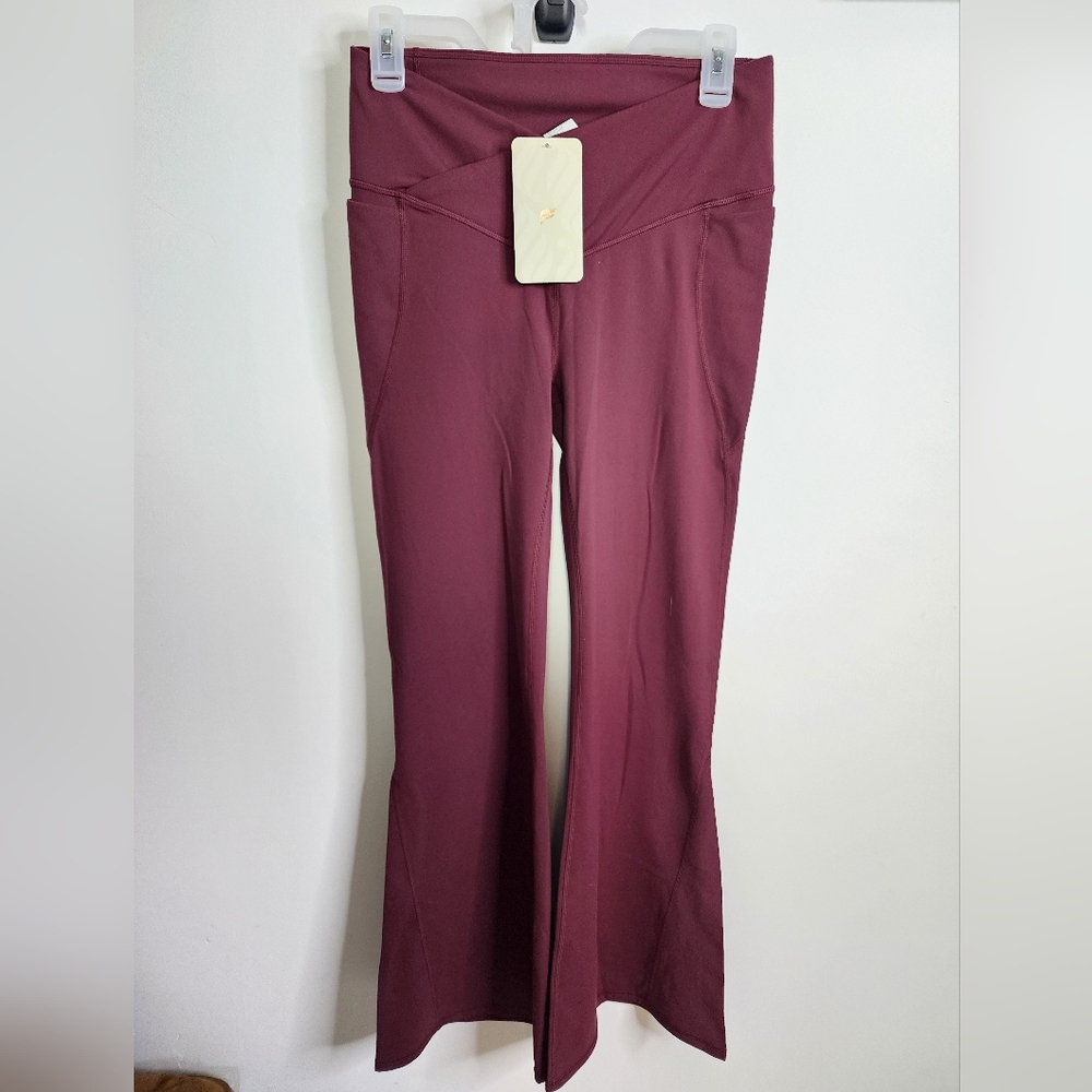 High Waisted Cross Over Flare, Merlot, Medium